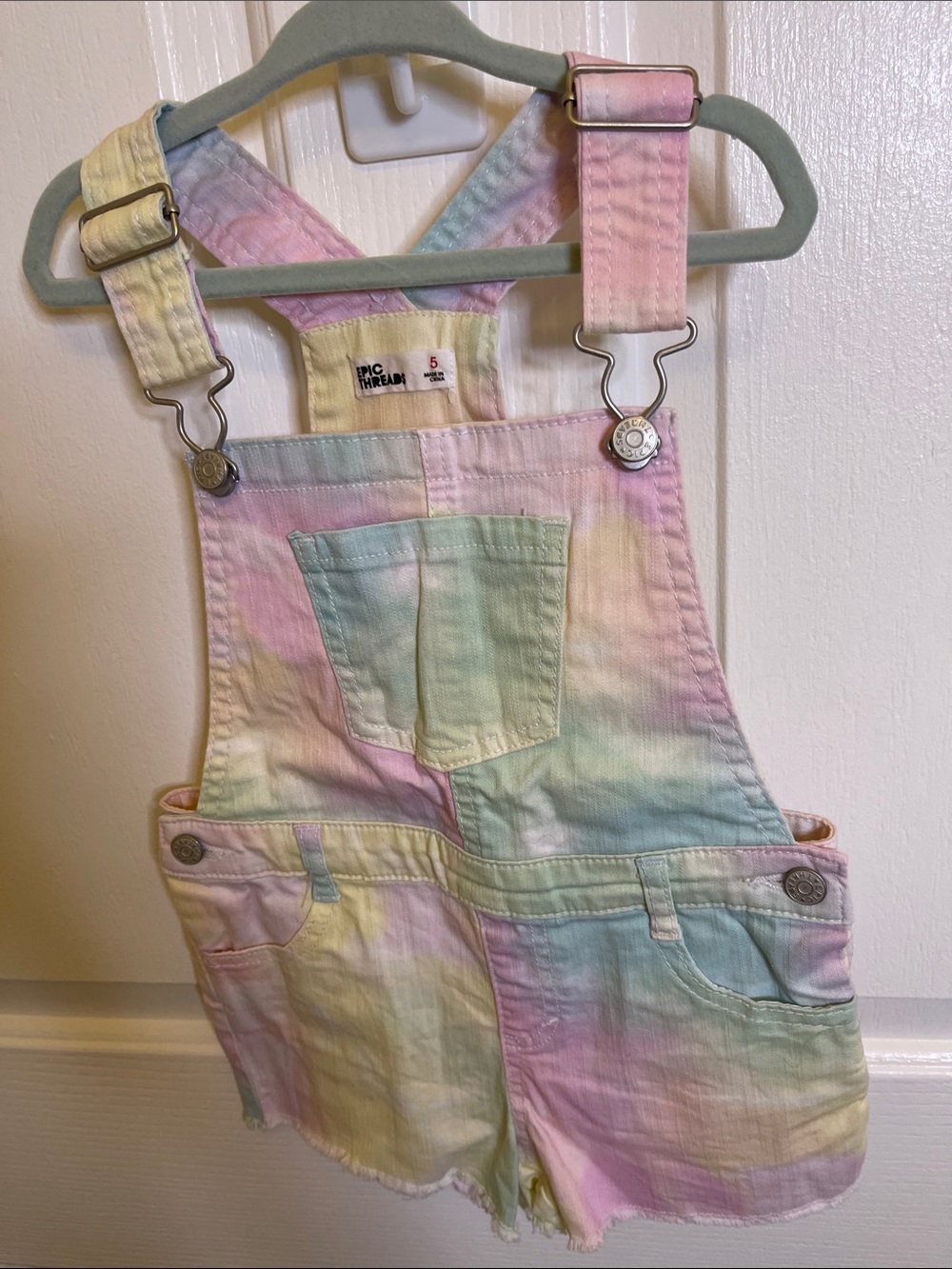 Kids  Epic Threads  Pastel Tie-Dye Short Overalls in Pink, Yellow,Green & Blue.